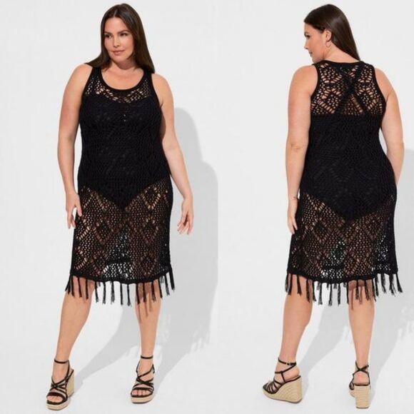 Women's Torrid Black Crochet Fringe Tank Beach Dress, Size 4XL - Picture 1 of 5